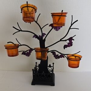 Spooky Black and Orange Metal Candle Holder Tree With Purple Bats